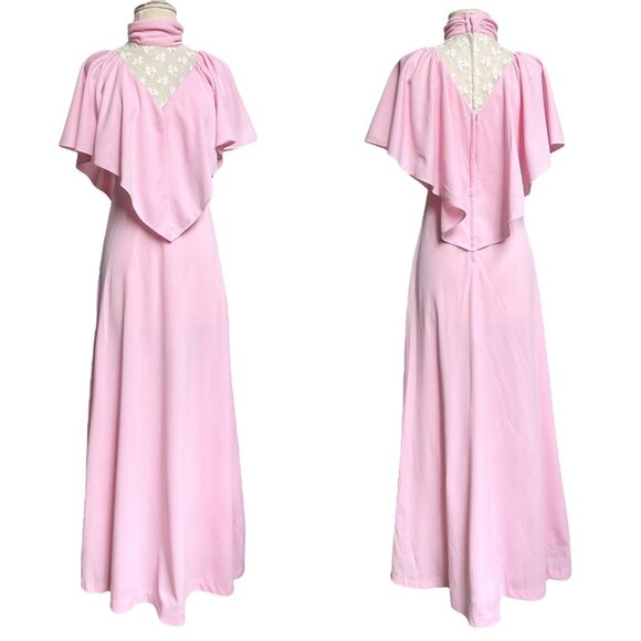 70s vintage victorian maxi dress Cape Sleeve lace cutout cottage high collar. - Picture 1 of 7